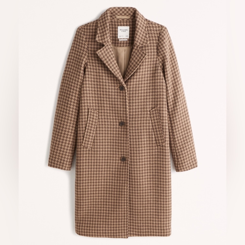 Abercrombie Wool Blend Dad Coat in Houndstooth Brown